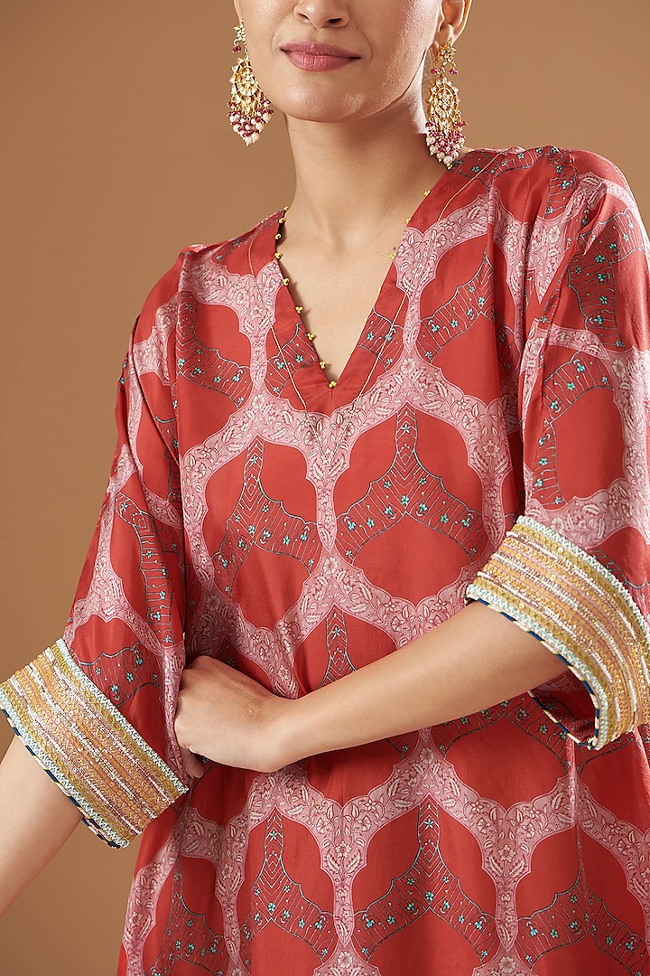 Red Silk Embroidered & Printed Kaftan Set by Raji ramniq at Pernia's Pop Up Shop