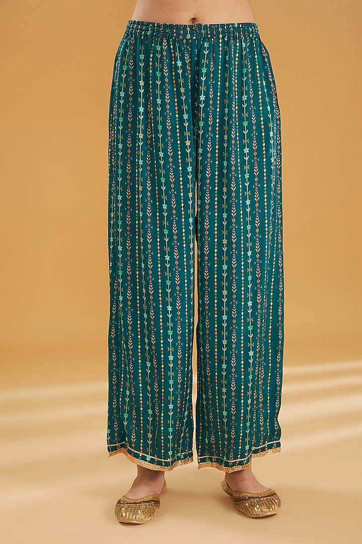 Teal Crepe Printed & Embroidered Kurta Set by Raji ramniq at Pernia's Pop Up Shop