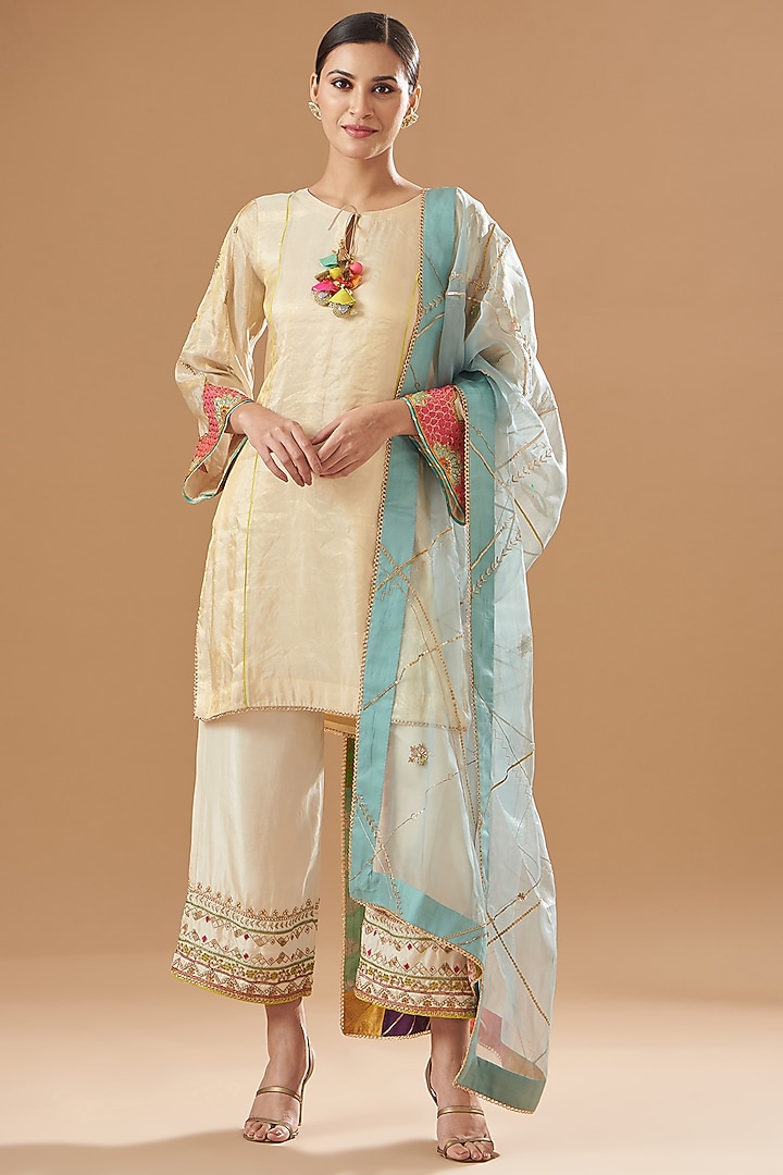 Ivory Golden Tissue Silk Embroidered Kurta Set by Raji ramniq at Pernia's Pop Up Shop