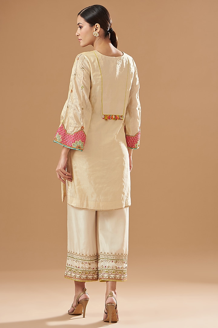 Ivory Golden Tissue Silk Embroidered Kurta Set by Raji ramniq at Pernia's Pop Up Shop
