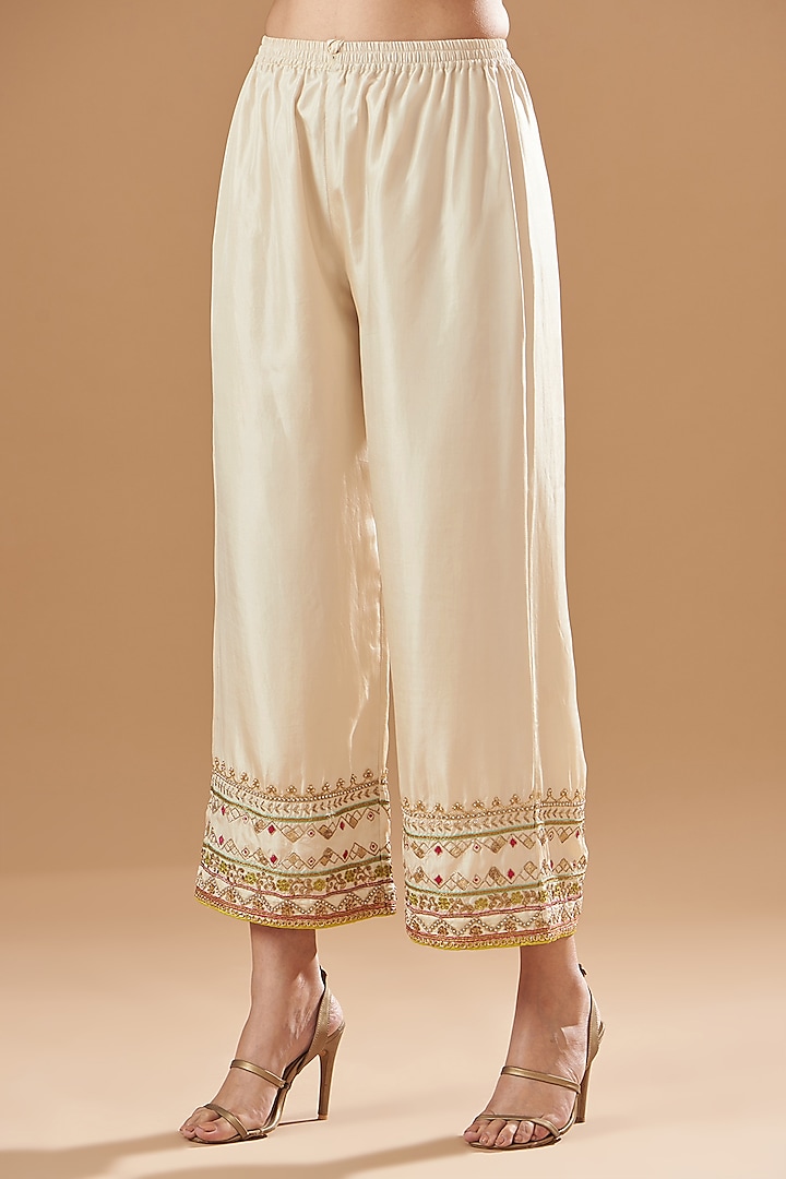 Ivory Golden Tissue Silk Embroidered Kurta Set by Raji ramniq at Pernia's Pop Up Shop