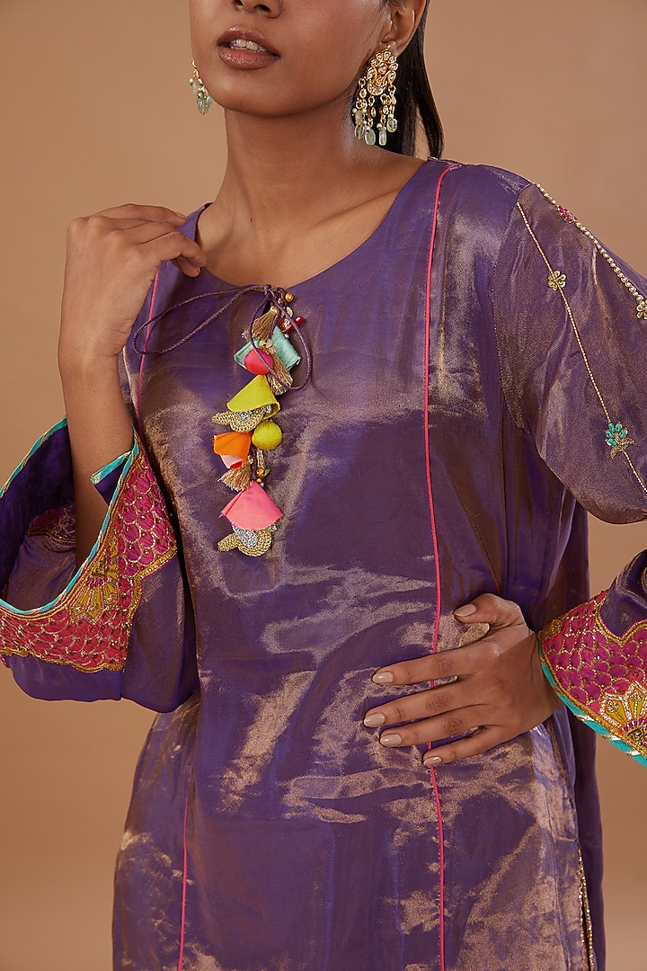 Purple Silk Hand Embroidered Kurta Set by Raji ramniq at Pernia's Pop Up Shop