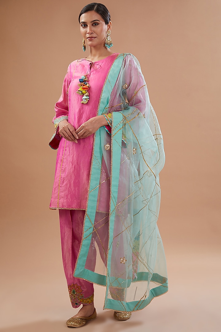Hot Pink Tissue Silk Hand Embroidered Kurta Set by Raji ramniq