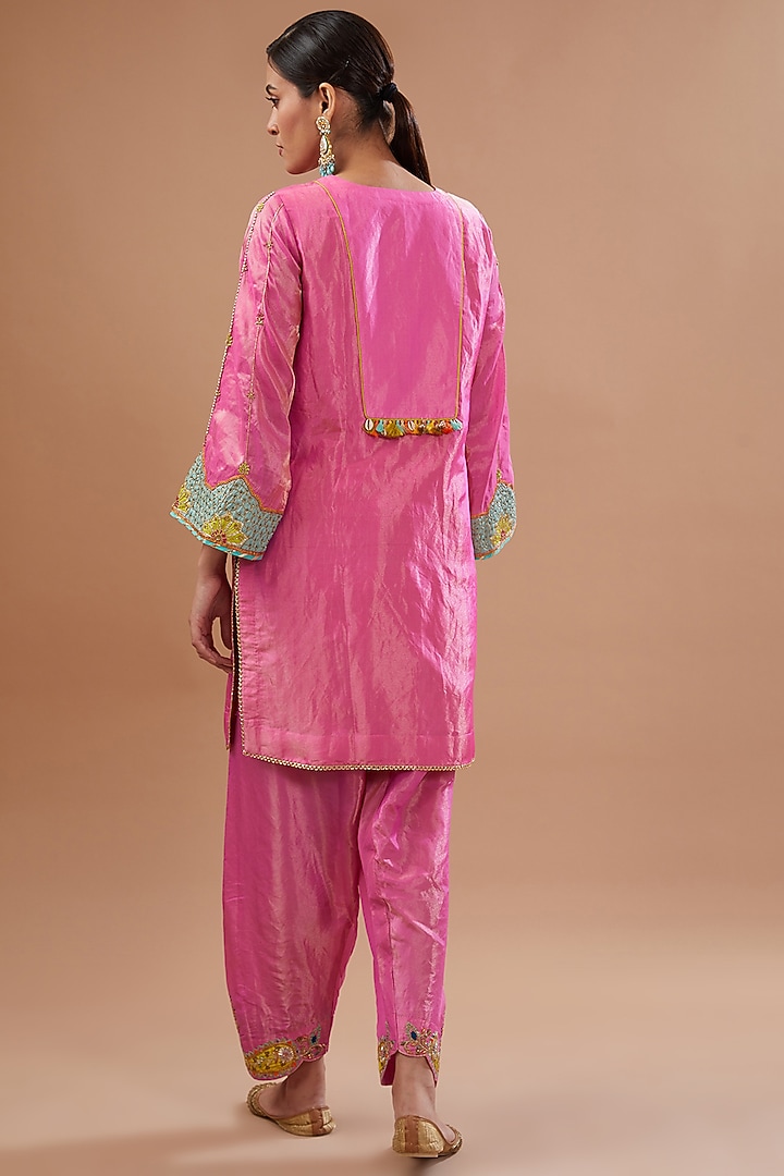Hot Pink Tissue Silk Hand Embroidered Kurta Set by Raji ramniq at Pernia's Pop Up Shop