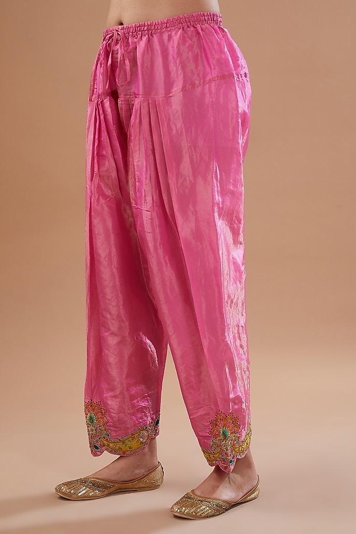 Hot Pink Tissue Silk Hand Embroidered Kurta Set by Raji ramniq at Pernia's Pop Up Shop