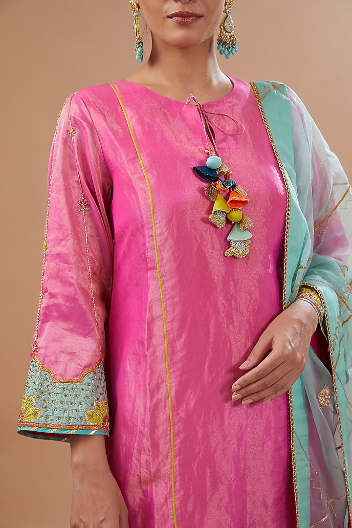 Hot Pink Tissue Silk Hand Embroidered Kurta Set by Raji ramniq at Pernia's Pop Up Shop