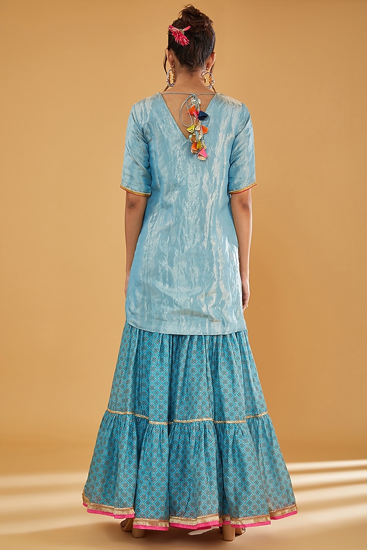 Ice Blue Chanderi Printed Gharara Set by Raji Ramniq at Pernia's Pop Up Shop