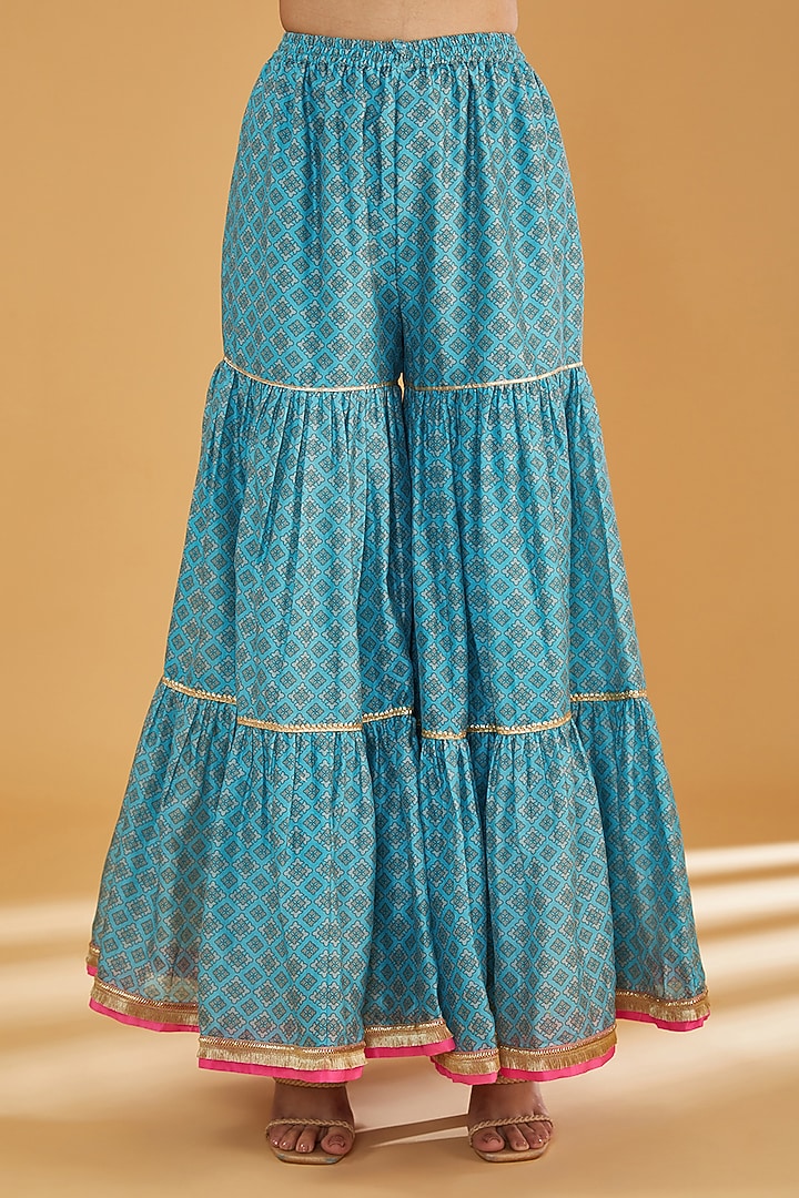 Ice Blue Chanderi Printed Gharara Set by Raji Ramniq at Pernia's Pop Up Shop