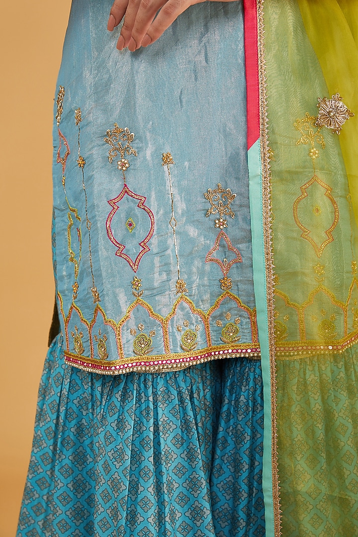 Ice Blue Chanderi Printed Gharara Set by Raji Ramniq at Pernia's Pop Up Shop