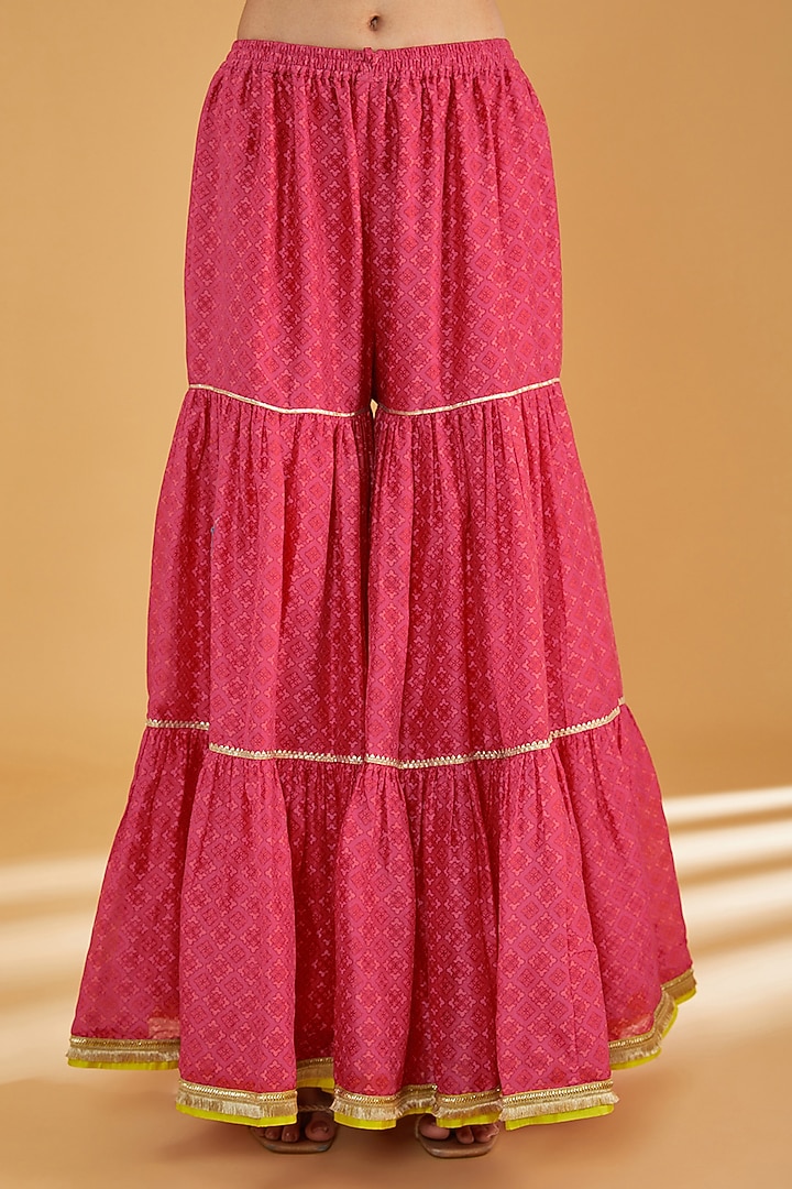 Red Chanderi Printed Gharara Set by Raji Ramniq at Pernia's Pop Up Shop