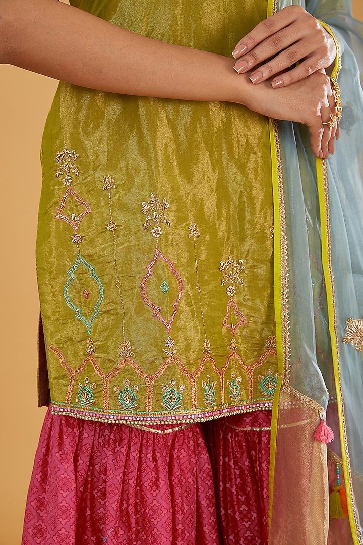Red Chanderi Printed Gharara Set by Raji Ramniq at Pernia's Pop Up Shop