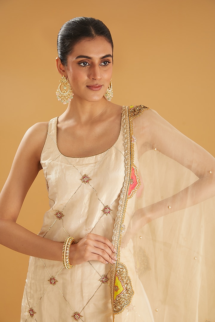 Ivory Golden Silk Hand Embroidered Gharara Set by Raji ramniq at Pernia's Pop Up Shop