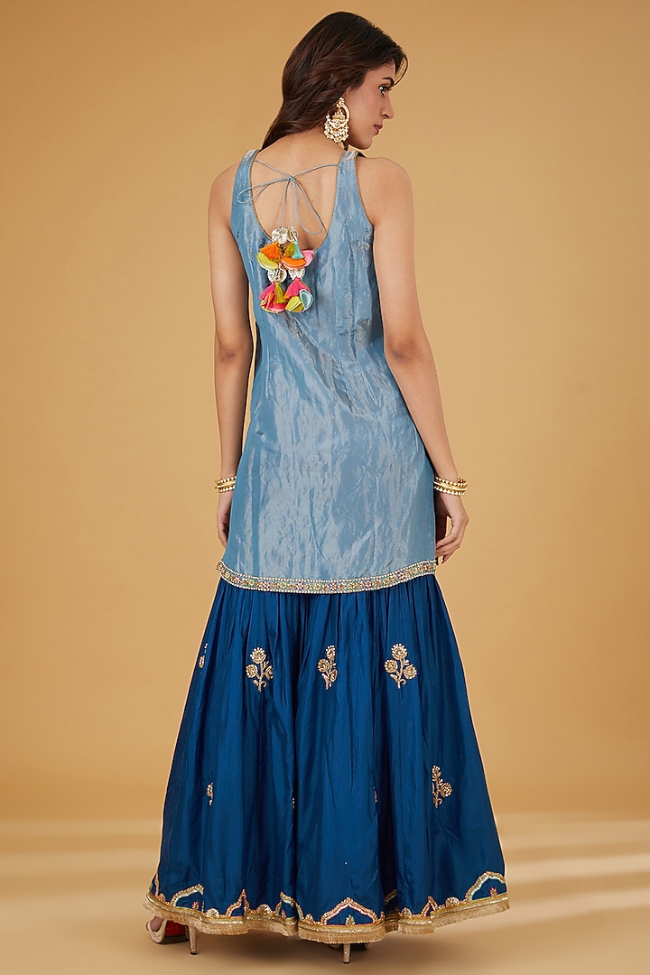 Blue Silk Embroidered Gharara Set by Raji ramniq at Pernia's Pop Up Shop
