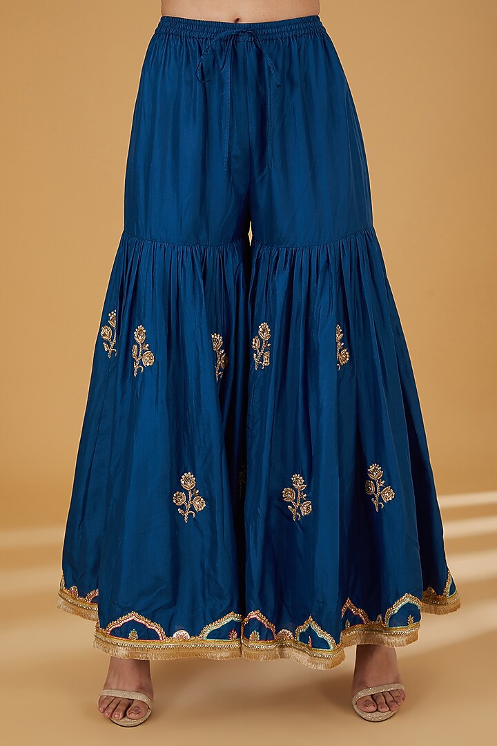 Blue Silk Embroidered Gharara Set by Raji ramniq at Pernia's Pop Up Shop
