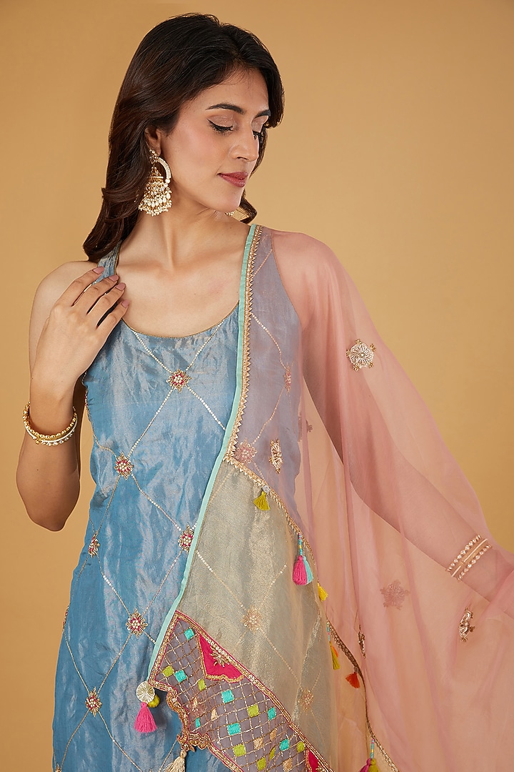 Blue Silk Embroidered Gharara Set by Raji ramniq at Pernia's Pop Up Shop