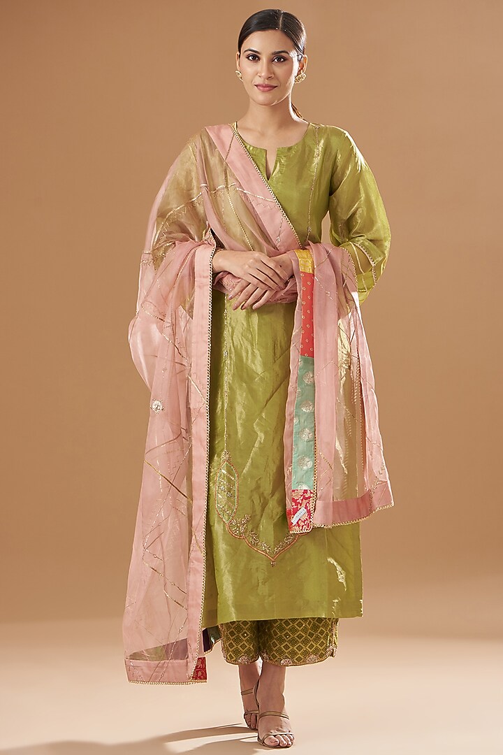 Green Tissue Silk Embroidered Kurta Set by Raji ramniq at Pernia's Pop Up Shop