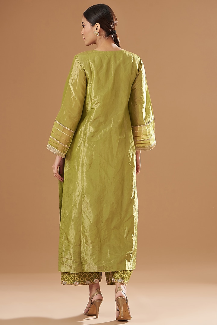 Green Tissue Silk Embroidered Kurta Set by Raji ramniq at Pernia's Pop Up Shop