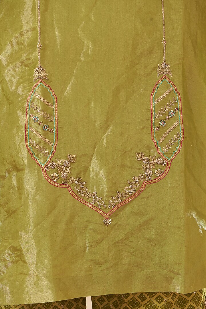 Green Tissue Silk Embroidered Kurta Set by Raji ramniq at Pernia's Pop Up Shop