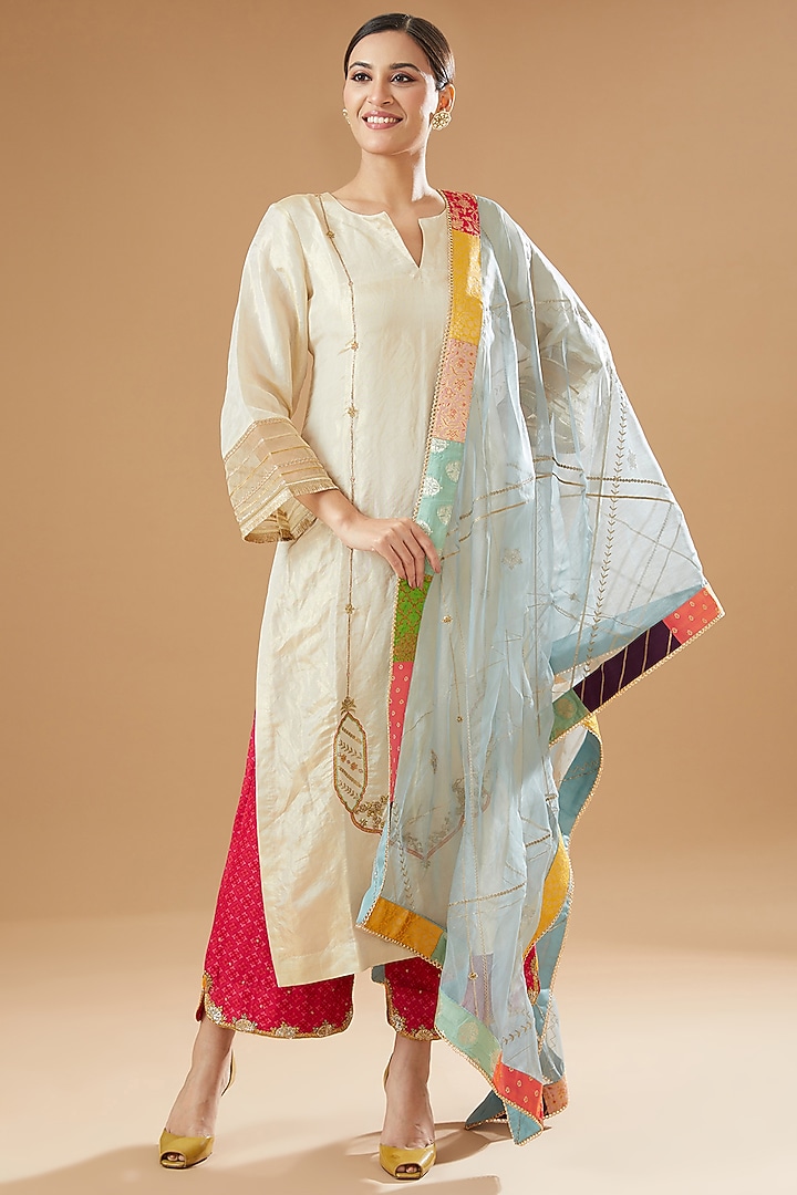 Ivory Golden Tissue Silk Embroidered Kurta Set by Raji ramniq at Pernia's Pop Up Shop