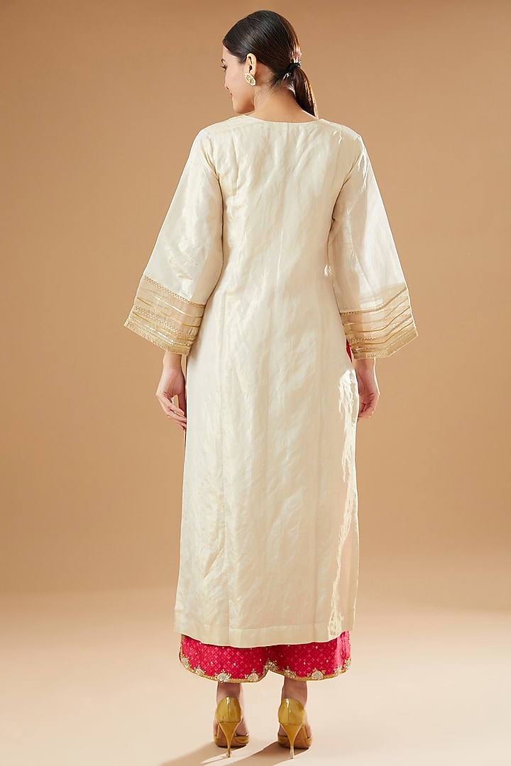 Ivory Golden Tissue Silk Embroidered Kurta Set by Raji ramniq at Pernia's Pop Up Shop