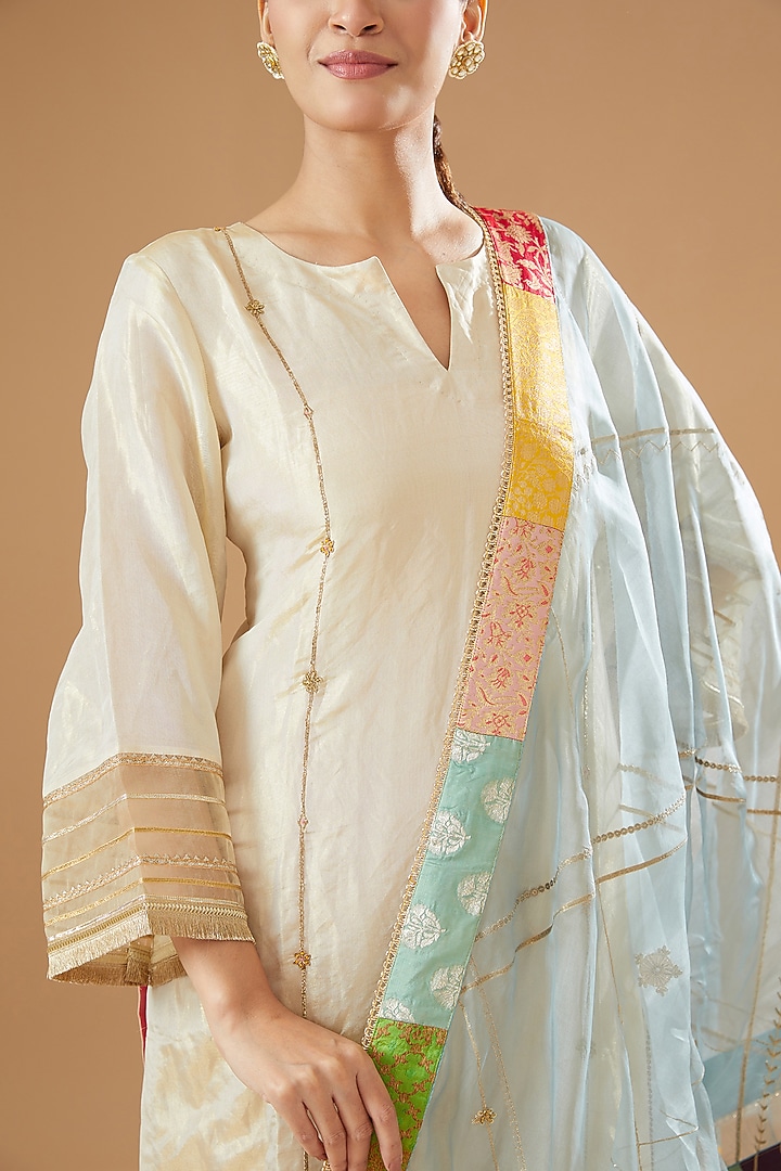 Ivory Golden Tissue Silk Embroidered Kurta Set by Raji ramniq at Pernia's Pop Up Shop