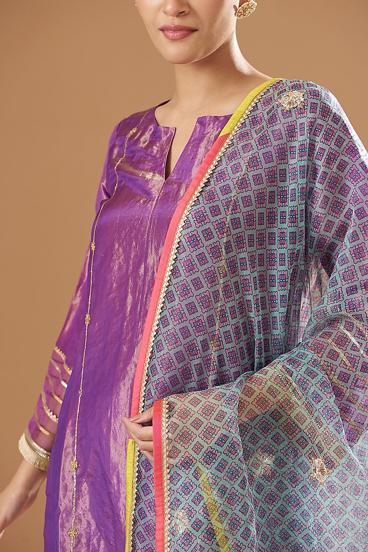 Purple Tissue Silk Embroidered Kurta Set by Raji ramniq at Pernia's Pop Up Shop