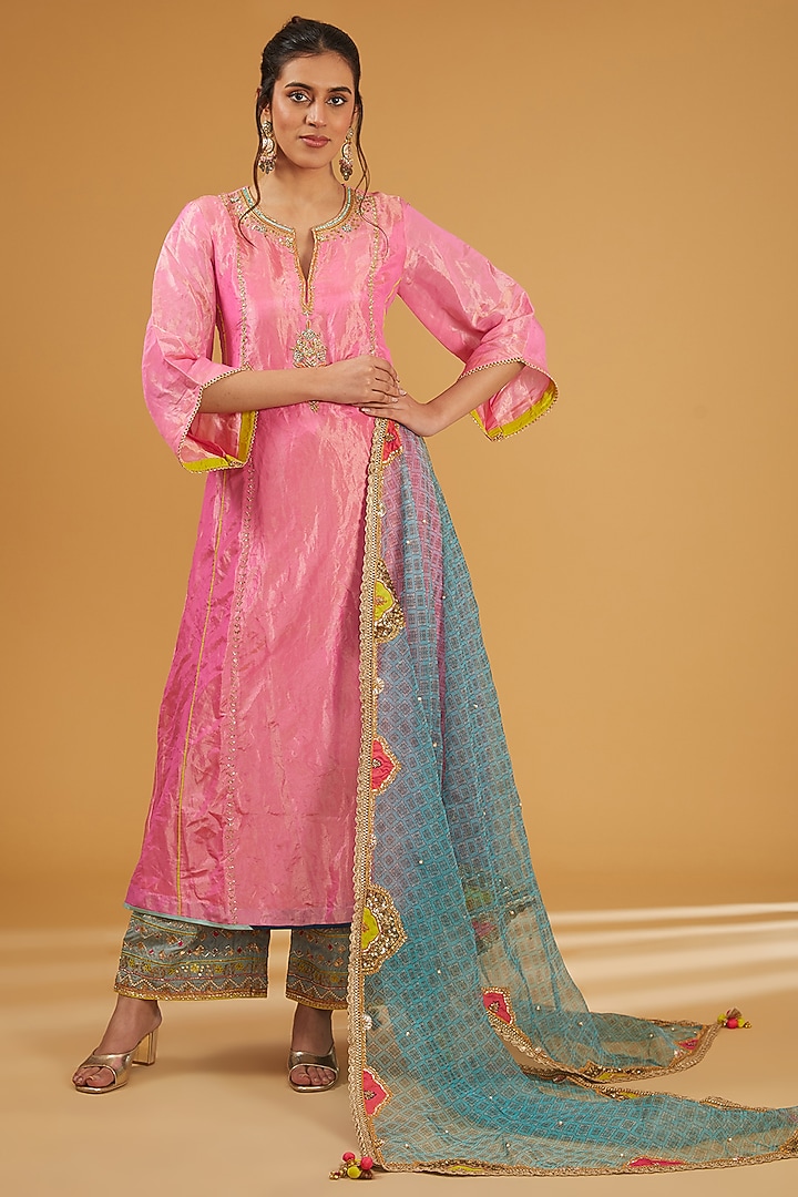 Hot Pink Tissue Silk Hand Embroidered A-line Kurta Set by Raji Ramniq at Pernia's Pop Up Shop