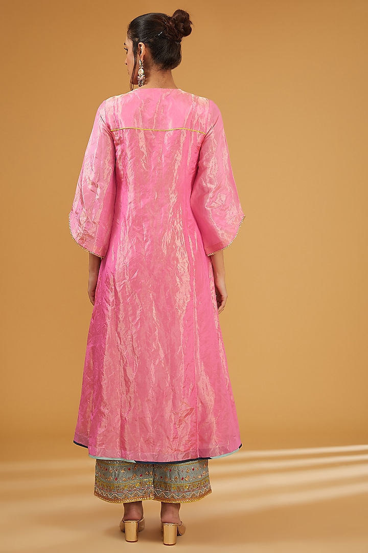 Hot Pink Tissue Silk Hand Embroidered A-line Kurta Set by Raji Ramniq at Pernia's Pop Up Shop