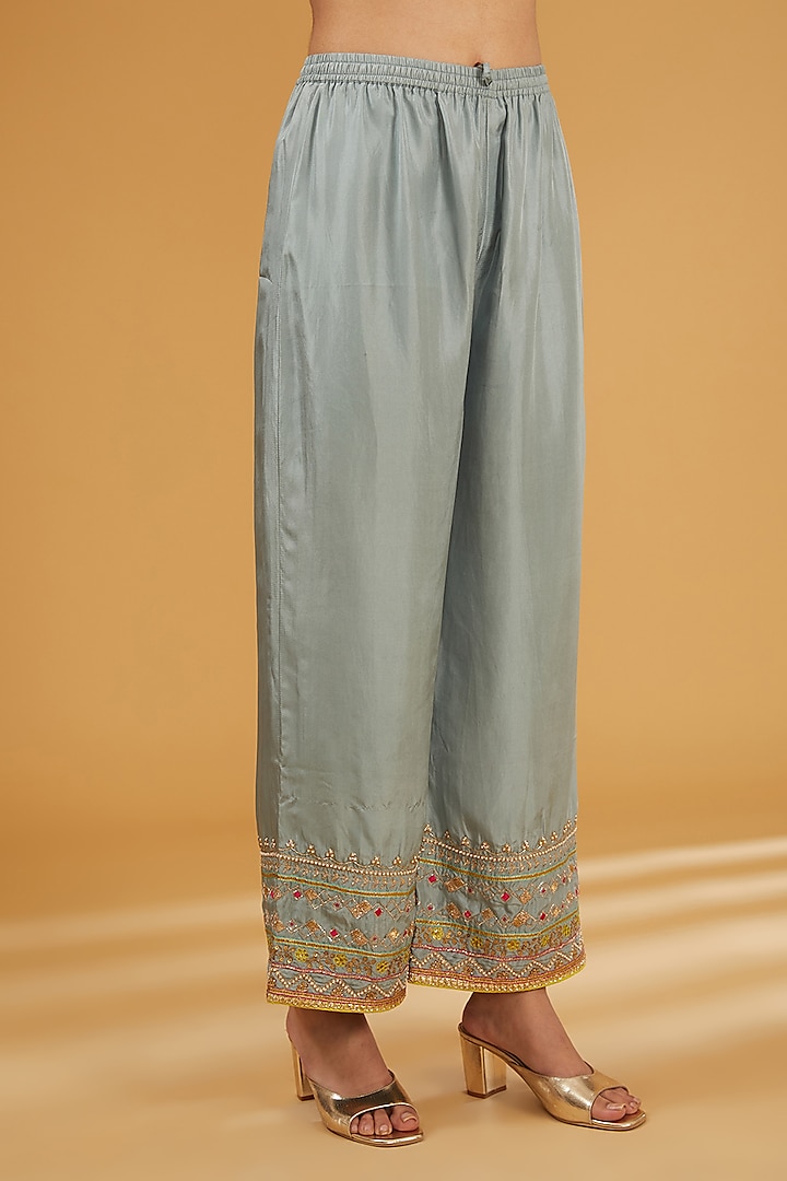 Hot Pink Tissue Silk Hand Embroidered A-line Kurta Set by Raji Ramniq at Pernia's Pop Up Shop