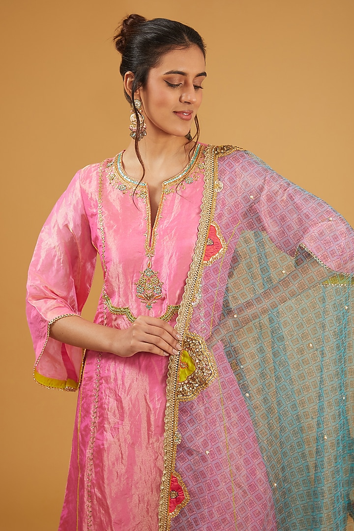 Hot Pink Tissue Silk Hand Embroidered A-line Kurta Set by Raji Ramniq at Pernia's Pop Up Shop