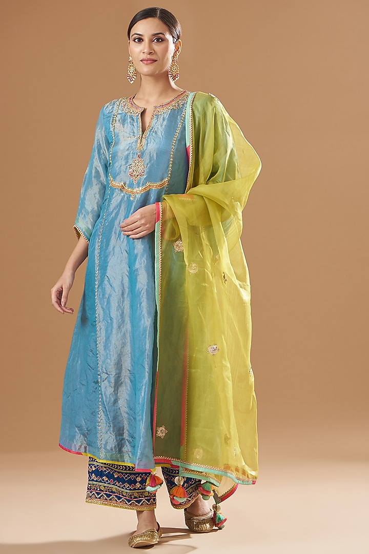 Moon Light Blue Tissue Silk Embroidered Kurta Set by Raji ramniq at Pernia's Pop Up Shop