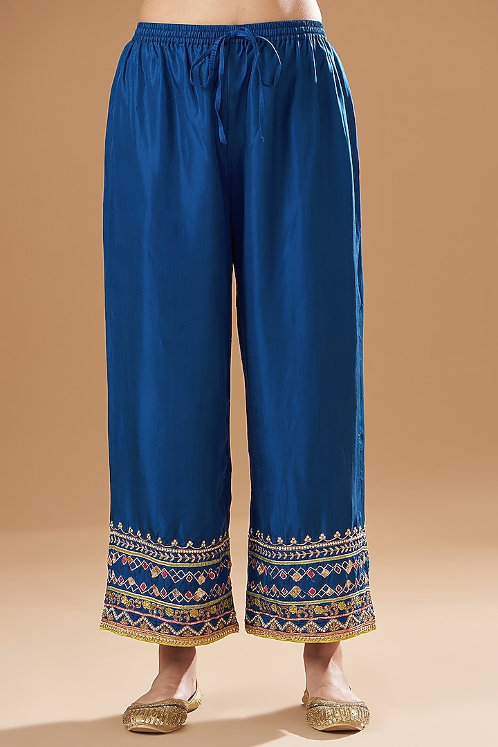 Moon Light Blue Tissue Silk Embroidered Kurta Set by Raji ramniq at Pernia's Pop Up Shop
