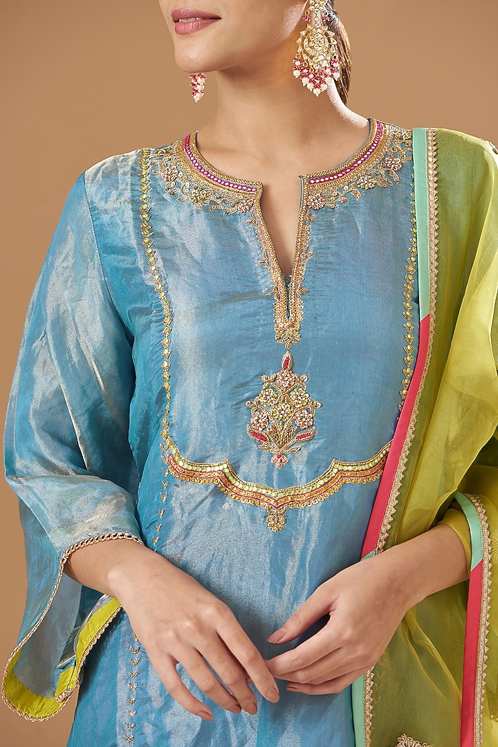 Moon Light Blue Tissue Silk Embroidered Kurta Set by Raji ramniq at Pernia's Pop Up Shop