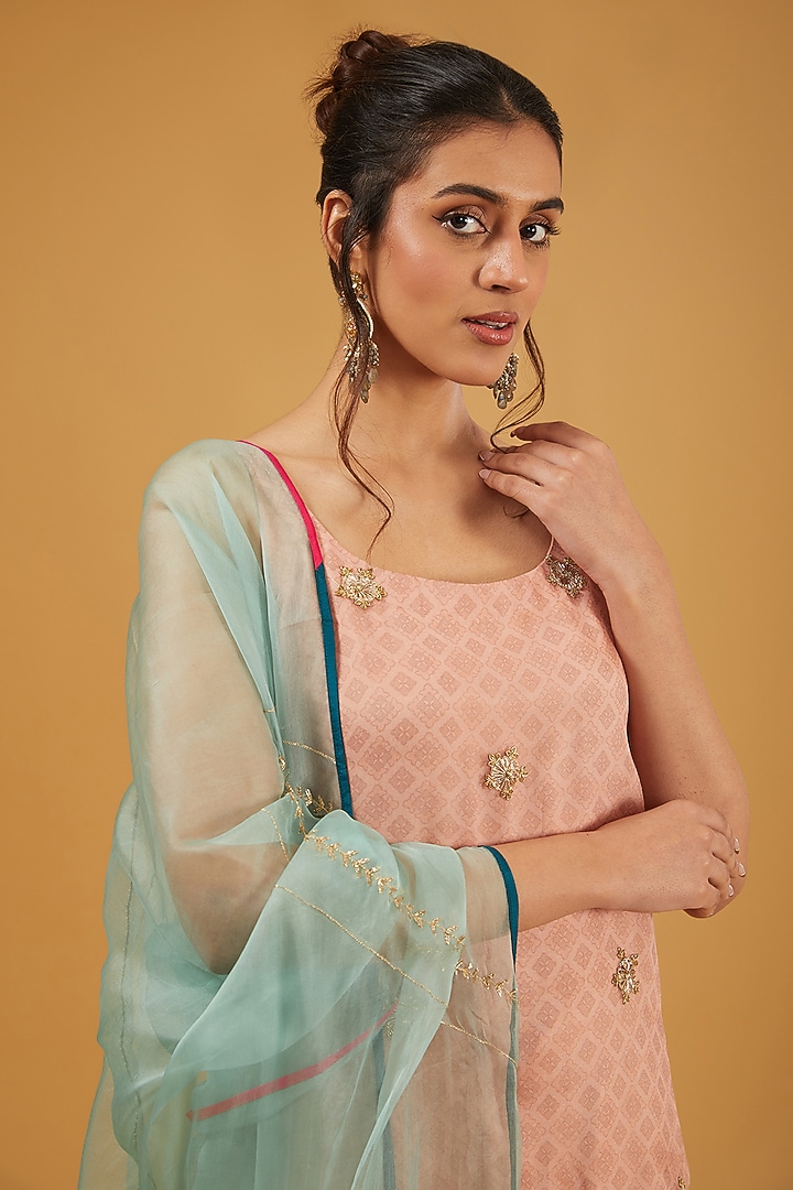 Nude Pink Organza Hand Embroidered & Printed Kurta Set by Raji Ramniq at Pernia's Pop Up Shop
