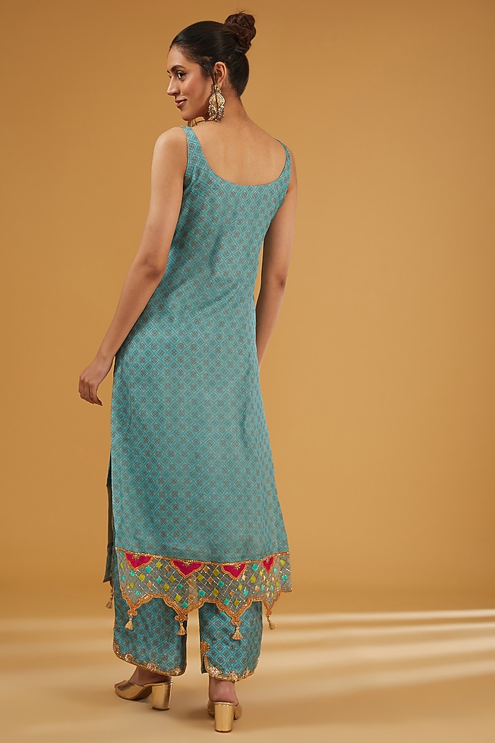 Ice Blue Organza Hand Embroidered & Printed Kurta Set by Raji Ramniq at Pernia's Pop Up Shop