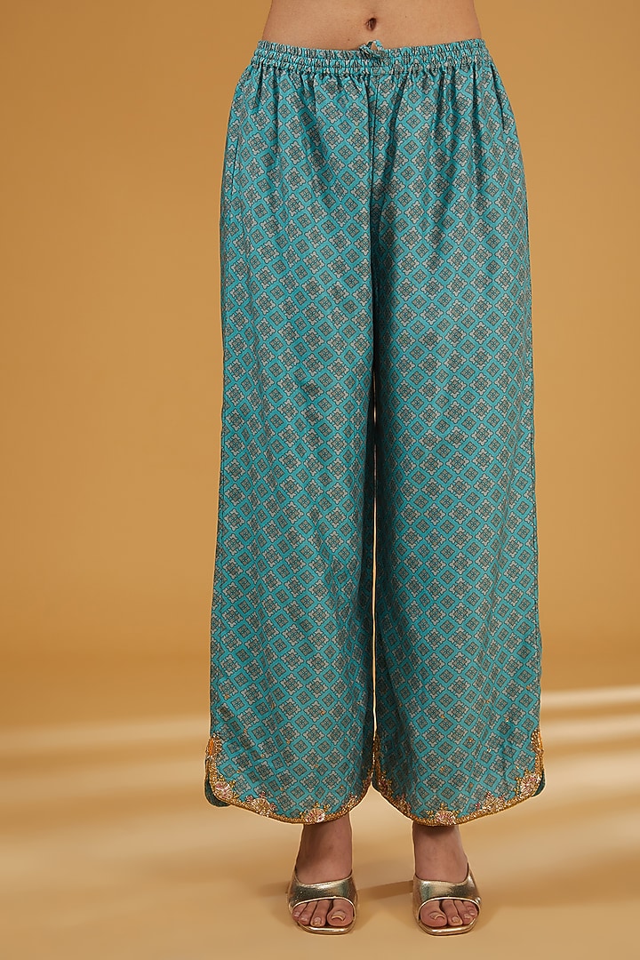 Ice Blue Organza Hand Embroidered & Printed Kurta Set by Raji Ramniq at Pernia's Pop Up Shop