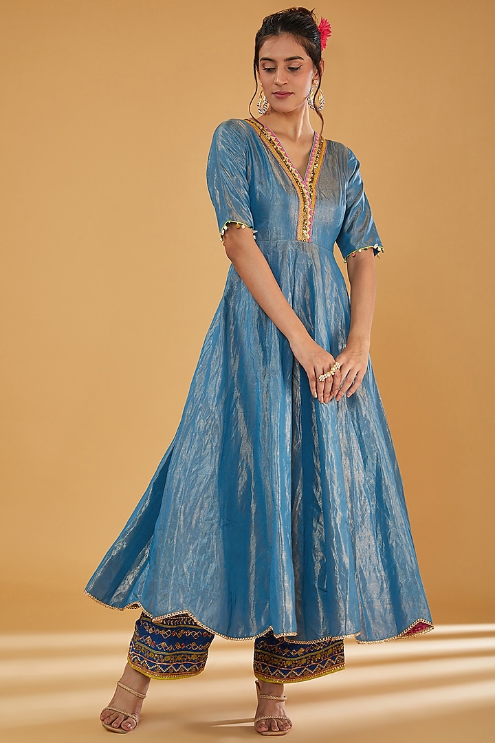 Moonlight Blue Tissue Silk Bead Embroidered Party Wear Anarkali Set by Raji Ramniq at Pernia's Pop Up Shop