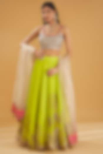 Bright Green Organza Printed & Embroidered Wedding Lehenga Set by Raji ramniq at Pernia's Pop Up Shop