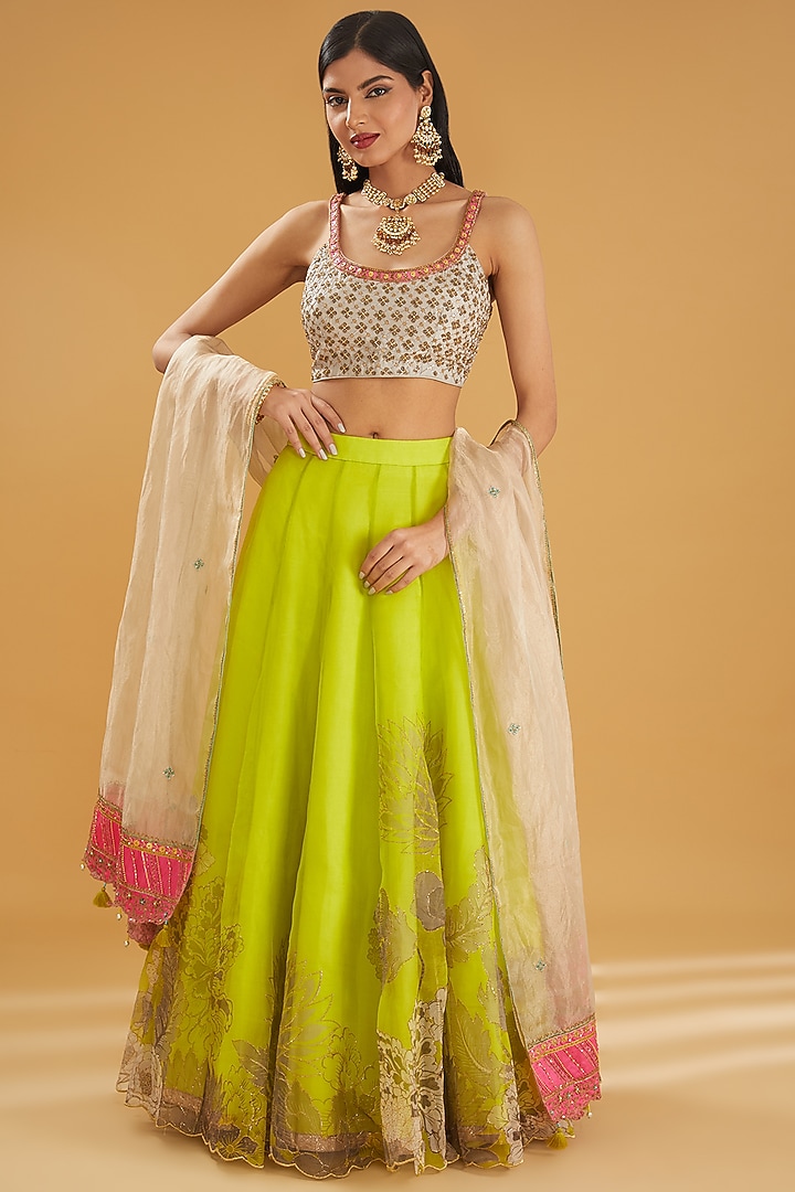 Bright Green Organza Printed & Embroidered Wedding Lehenga Set by Raji ramniq at Pernia's Pop Up Shop