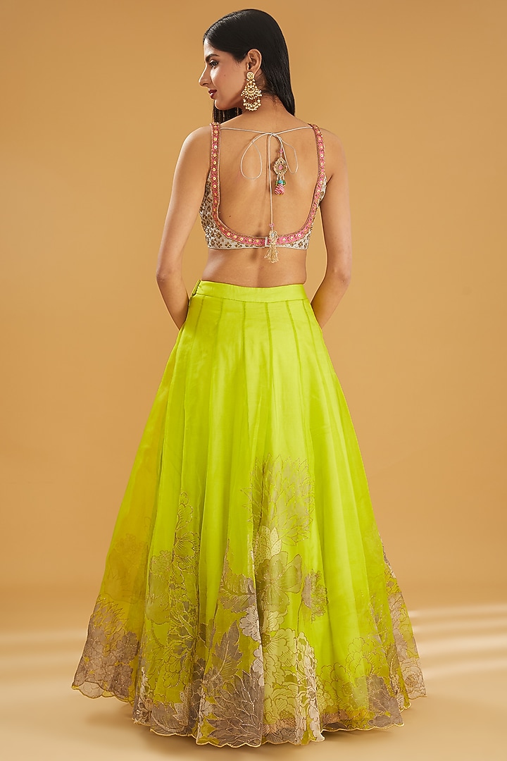 Bright Green Organza Printed & Embroidered Wedding Lehenga Set by Raji ramniq at Pernia's Pop Up Shop