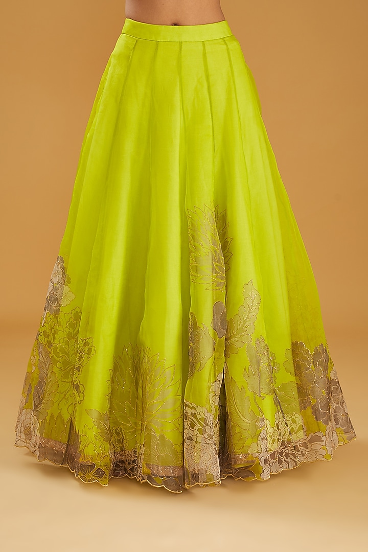 Bright Green Organza Printed & Embroidered Wedding Lehenga Set by Raji ramniq at Pernia's Pop Up Shop