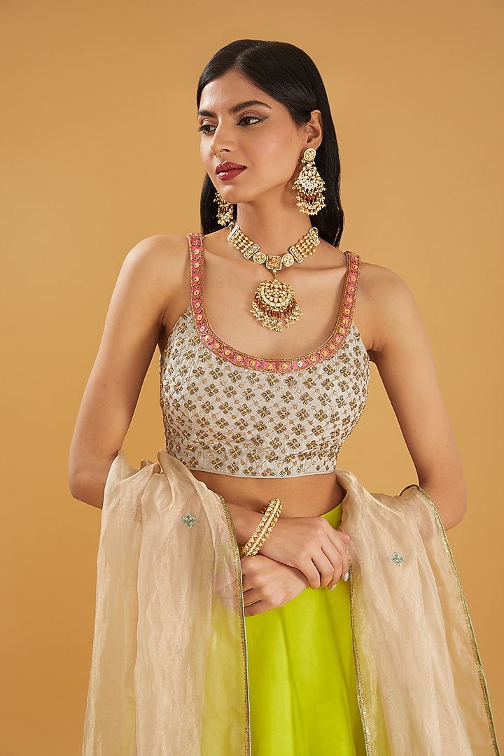 Bright Green Organza Printed & Embroidered Wedding Lehenga Set by Raji ramniq at Pernia's Pop Up Shop