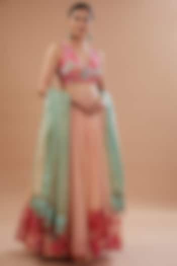 Nude Pink Organza Floral Printed & Embroidered Wedding Lehenga Set by Raji ramniq at Pernia's Pop Up Shop