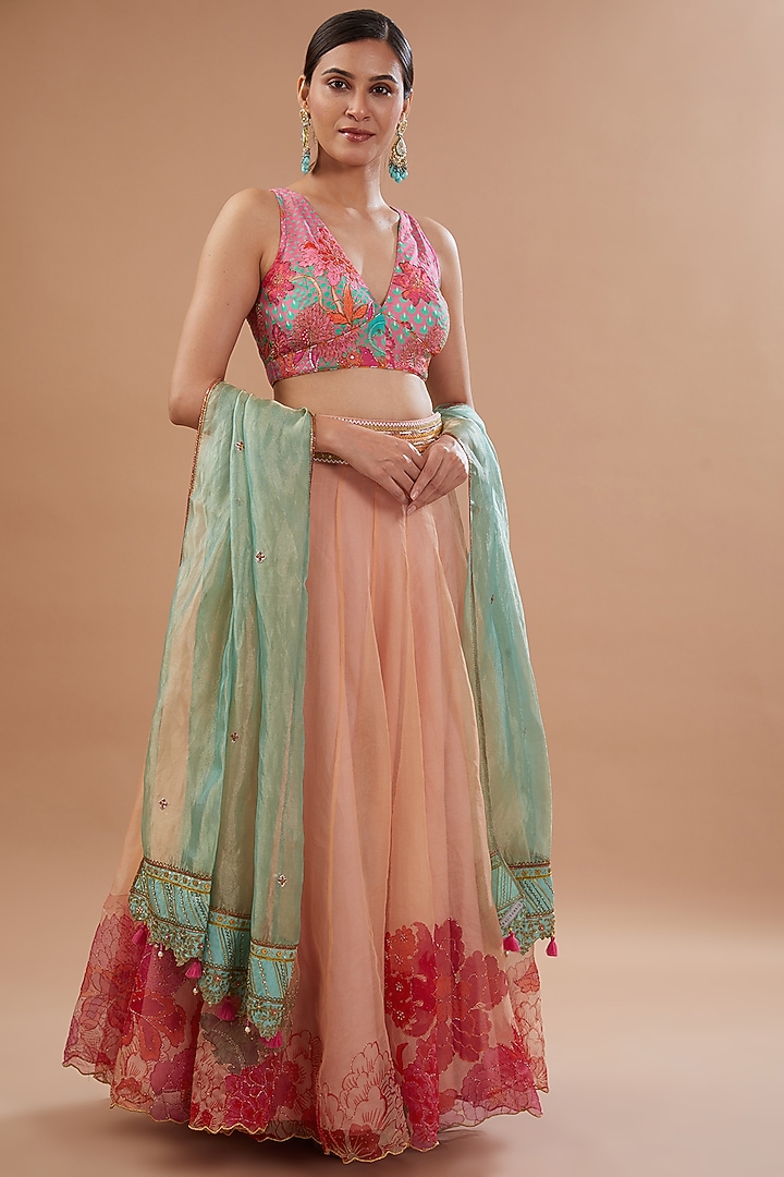 Nude Pink Organza Floral Printed & Embroidered Wedding Lehenga Set by Raji ramniq at Pernia's Pop Up Shop
