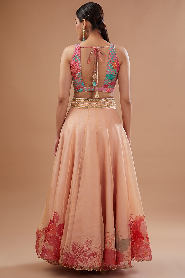 Nude Pink Organza Floral Printed & Embroidered Wedding Lehenga Set by Raji ramniq at Pernia's Pop Up Shop