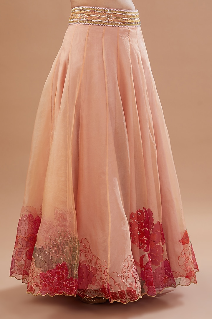Nude Pink Organza Floral Printed & Embroidered Wedding Lehenga Set by Raji ramniq at Pernia's Pop Up Shop