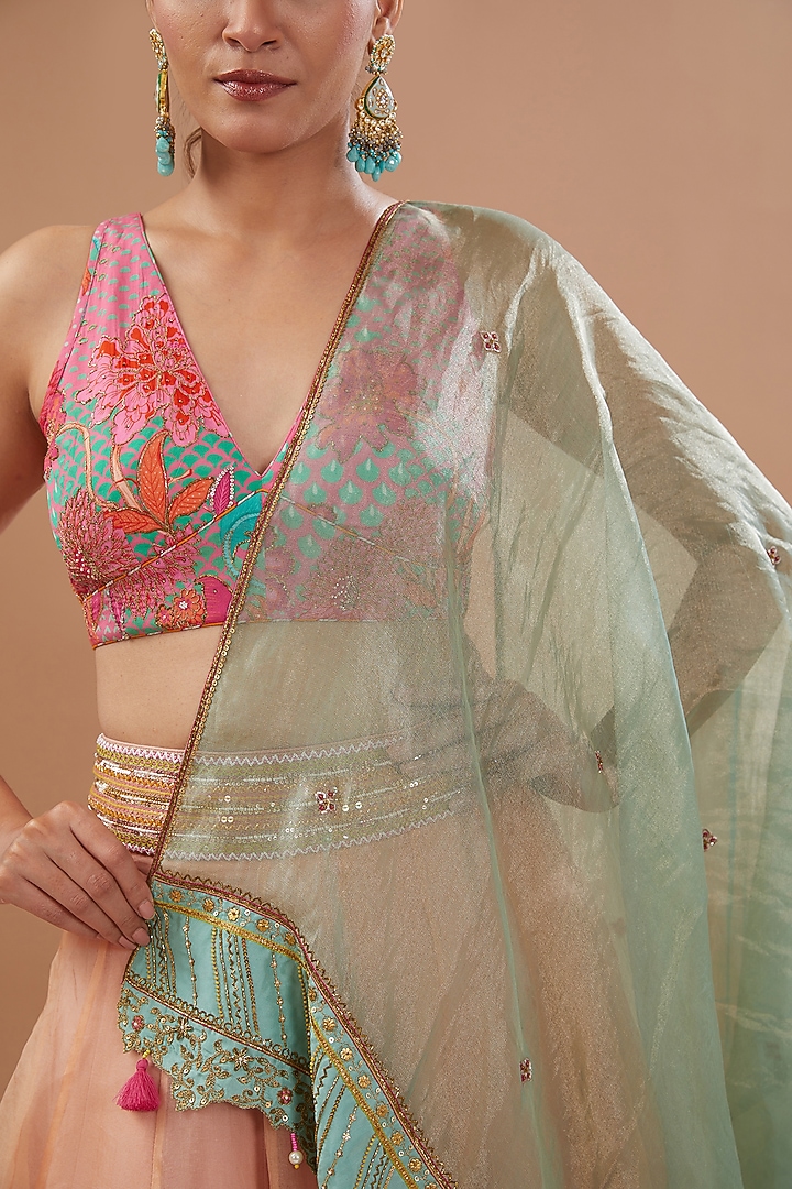 Nude Pink Organza Floral Printed & Embroidered Wedding Lehenga Set by Raji ramniq at Pernia's Pop Up Shop