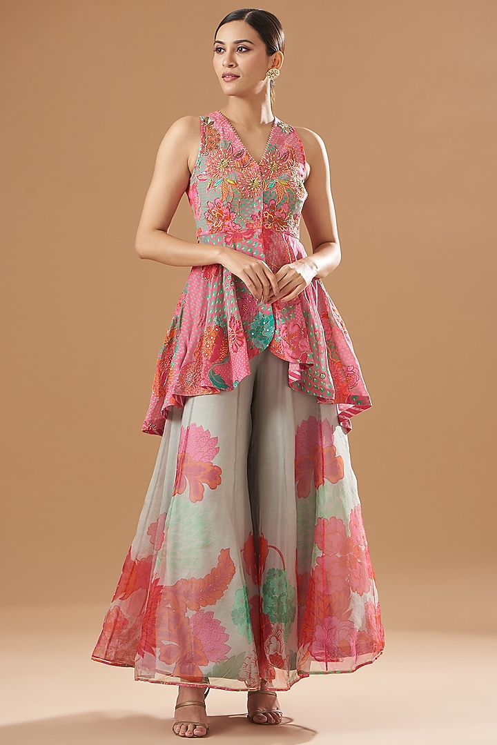 Grey Organza Silk Printed Wedding Sharara Set by Raji ramniq at Pernia's Pop Up Shop