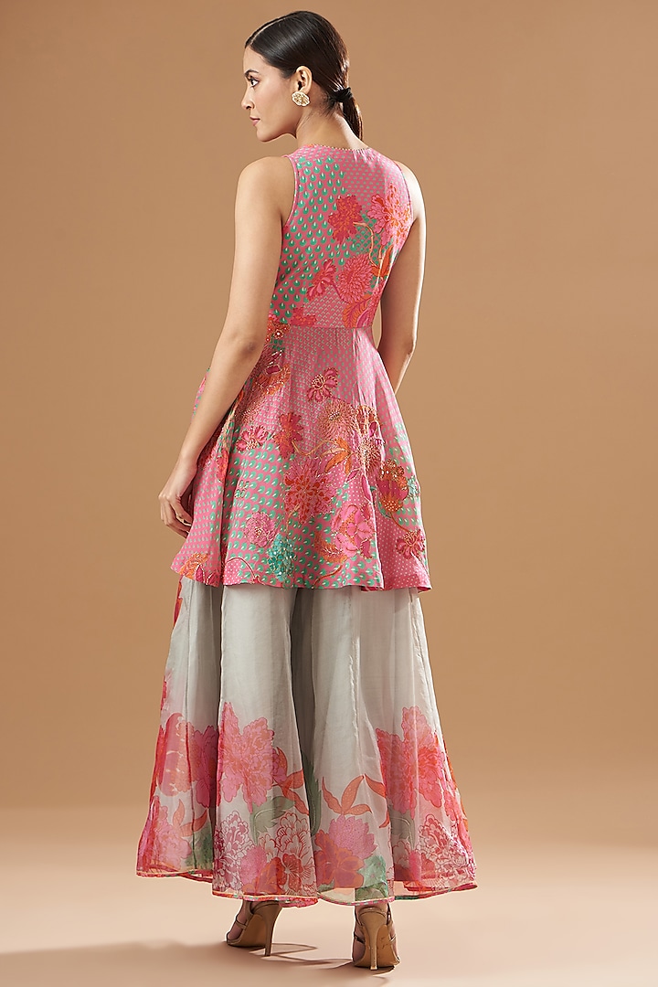 Grey Organza Silk Printed Wedding Sharara Set by Raji ramniq at Pernia's Pop Up Shop