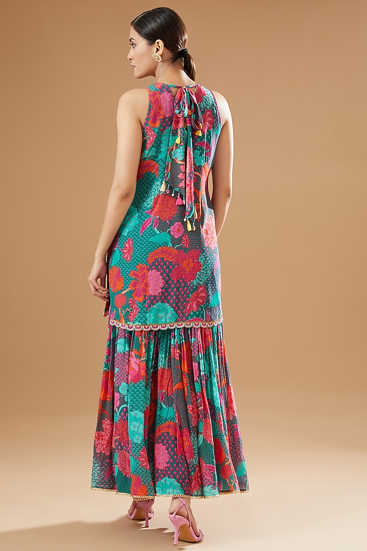 Teal Blue Crepe Printed Gharara Set by Raji ramniq at Pernia's Pop Up Shop